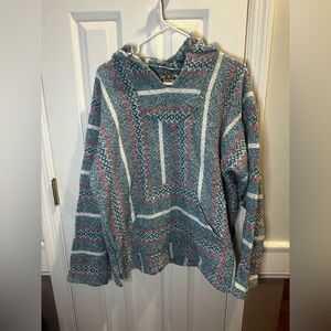Baja Joe Mexican Woven Hoodie Blue Pink White‎ Pattern Large
